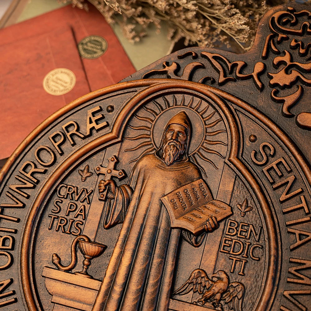 saint benedict medal , exorcism plaque, catholic icon, church, religious object, baptism, wood carving wall decoration