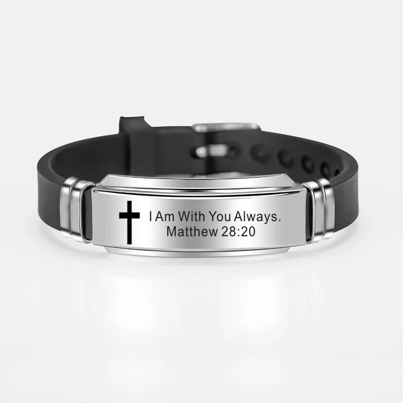 Cross Jesus Scripture Quote Bracelet Christian Bible Verse Inspiring Faith Stainless Steel Bracelets Silicone Wristband
