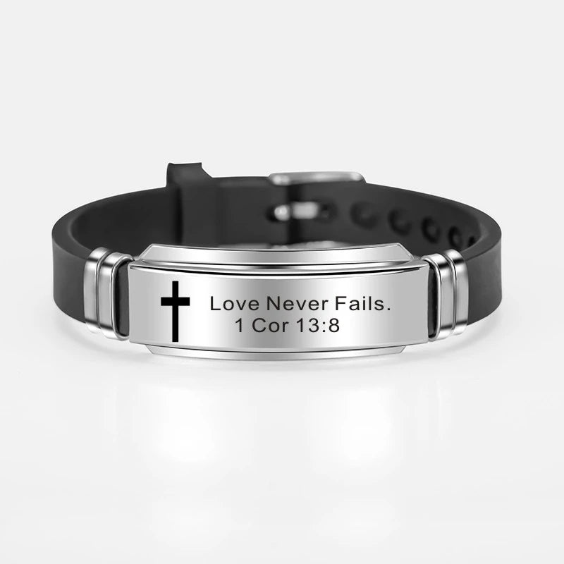 Cross Jesus Scripture Quote Bracelet Christian Bible Verse Inspiring Faith Stainless Steel Bracelets Silicone Wristband