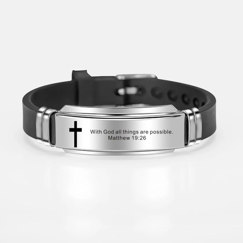 Cross Jesus Scripture Quote Bracelet Christian Bible Verse Inspiring Faith Stainless Steel Bracelets Silicone Wristband