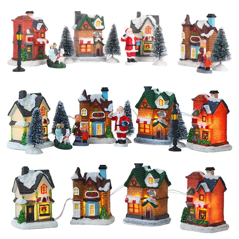 LED Resin Christmas Village Ornaments Set Figurines Decoration Santa Claus Pine Needles Snow View House Holiday Gift Home Decor