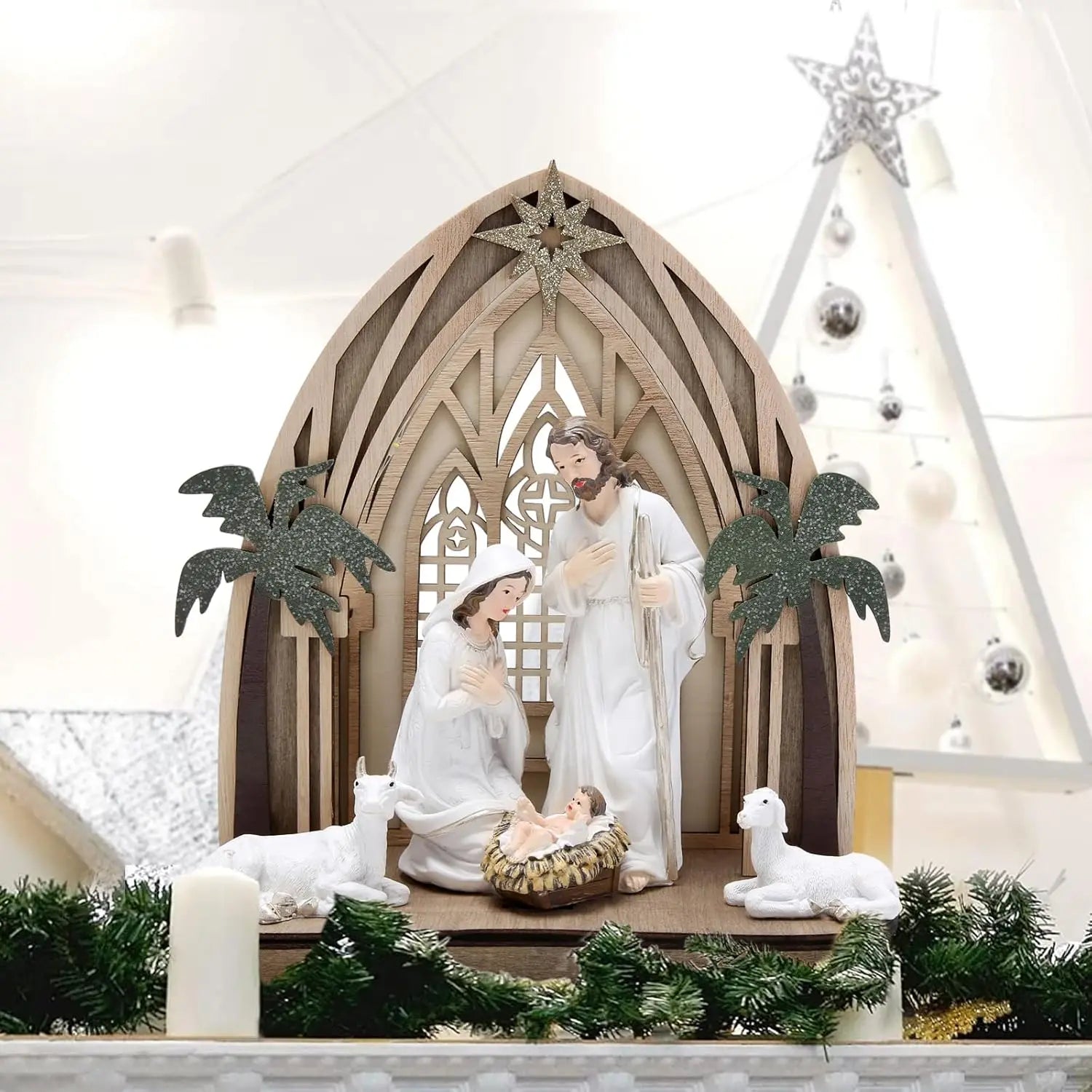 10“ Hight Nativity Set for Christmas Indoor Xmas Figurines Decorations with Light Holy Family Nativity Scene for Xmas Decor Gift