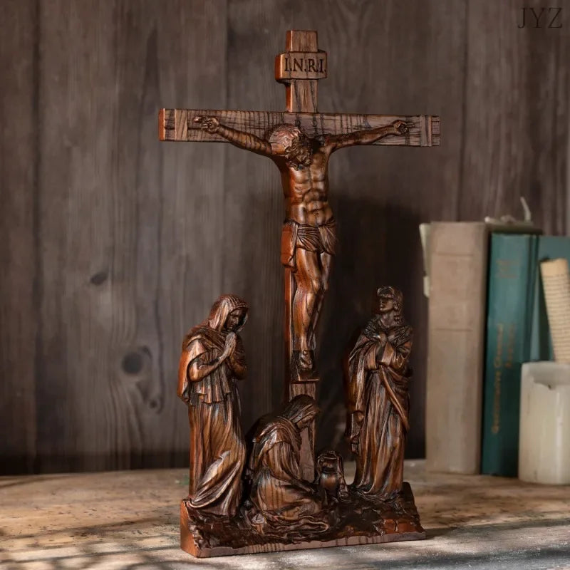 High Quality Vintage Solid Wood Crosses Cameo Crafts Jesus Desktop Decor Icon Holy Statues