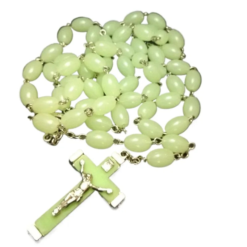 Luminous Christian Catholic Cross Rosary Necklace Glowing Light in Dark Beaded Rosary Necklaces for Men Women Christians