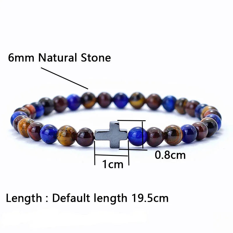 Minimalist Mens Cross Bracelet 6mm Natural Tiger Eyes Stone Braclet Gift For Him Camping Accessories Bileklik Erkek Pulseira