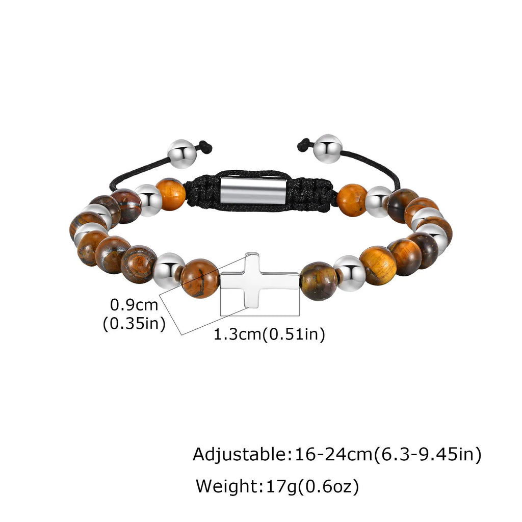 Vnox Stainless Steel Cross Virgin Mary Charm Tiger Eye Bead Adjustable Bracelet, Trendy Religious Prayer Jewelry for Men Women