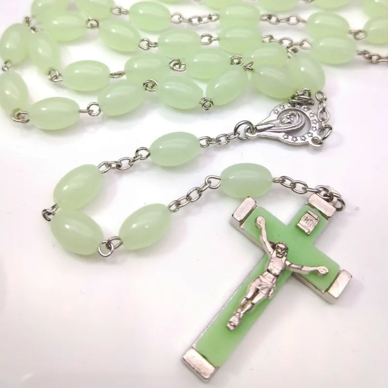 Luminous Christian Catholic Cross Rosary Necklace Glowing Light in Dark Beaded Rosary Necklaces for Men Women Christians