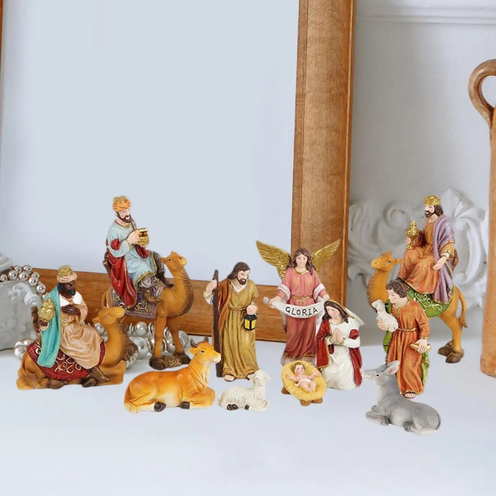 11Pcs Christmas Nativity Scene Collection Crafts Holy Family Nativity Figurine Resin Statue for Hallway Cabinet Living Room