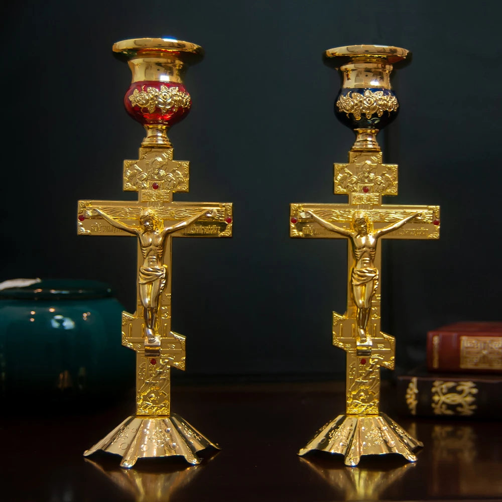 Orthodox Cross Candlestick Jesus Candlestick Zinc Alloy Candlestick Zinc Alloy Candlestick Glass Church Supplies Home Decoration