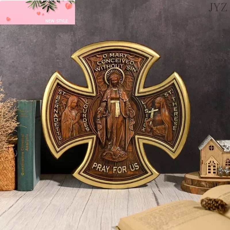 Vintage Religious Catholic Virgin Mary Statue of Our Lady of The Cross, Wall Hanging Crafts Decor