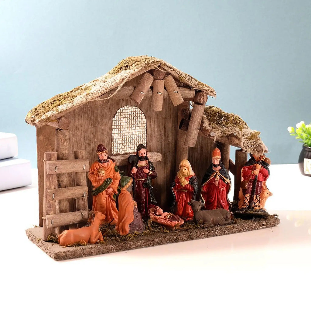 Nativity Scene Ornament Religious Nativity Figures Set Jesus Manger and House Figure Ornaments for Desk Women Table Windowsill