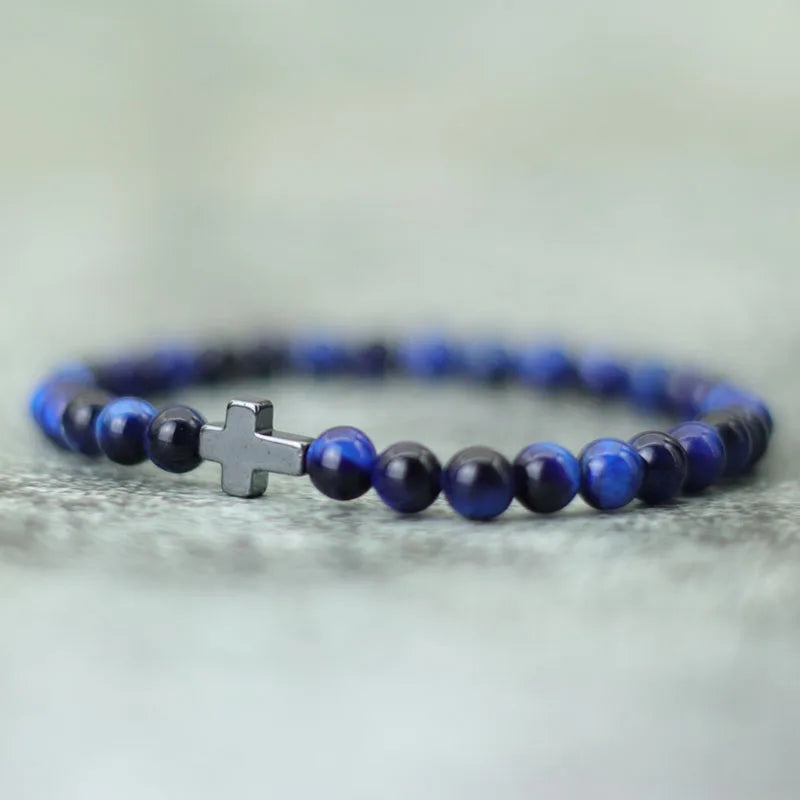 Minimalist Mens Cross Bracelet 6mm Natural Tiger Eyes Stone Braclet Gift For Him Camping Accessories Bileklik Erkek Pulseira