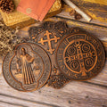 saint benedict medal , exorcism plaque, catholic icon, church, religious object, baptism, wood carving wall decoration