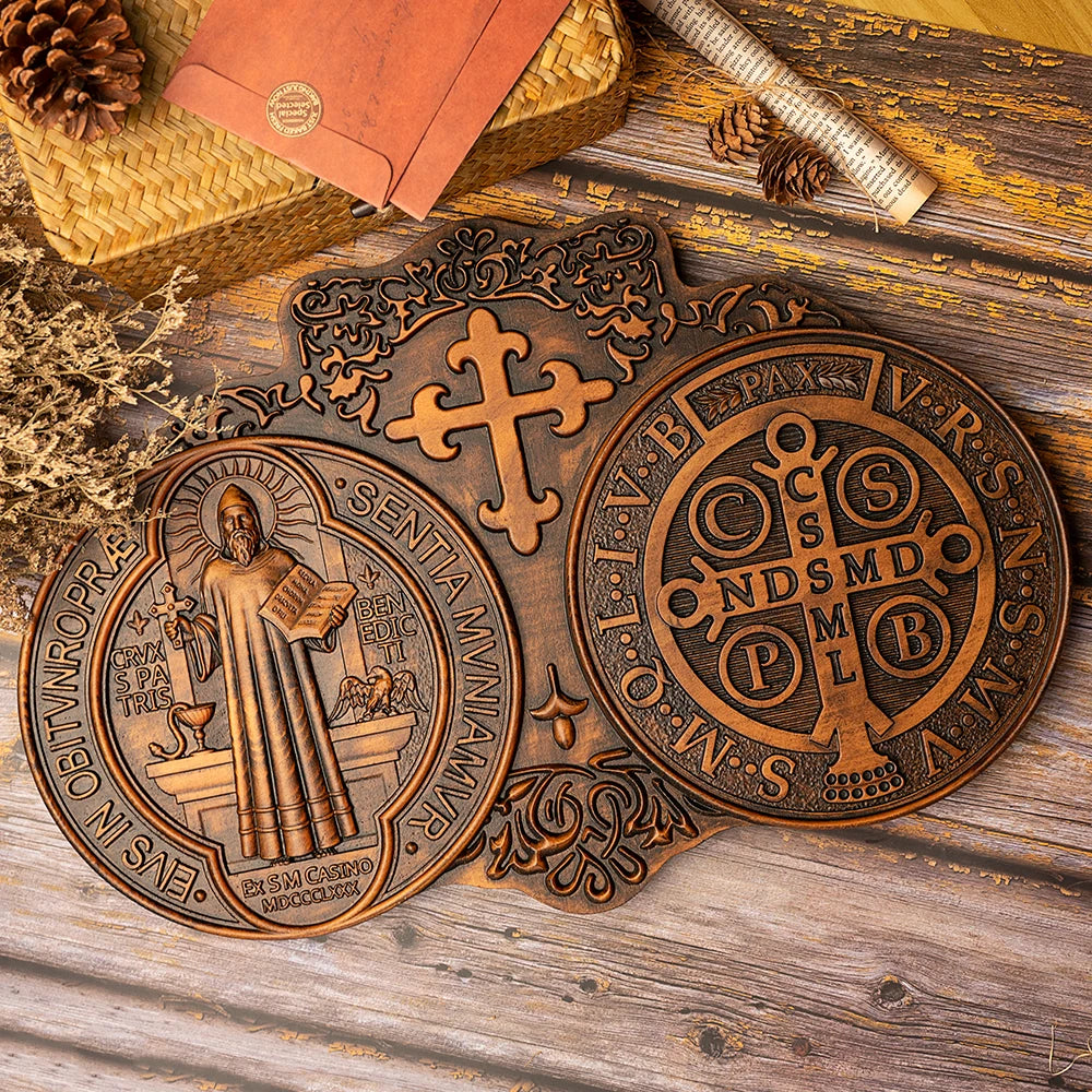 saint benedict medal , exorcism plaque, catholic icon, church, religious object, baptism, wood carving wall decoration