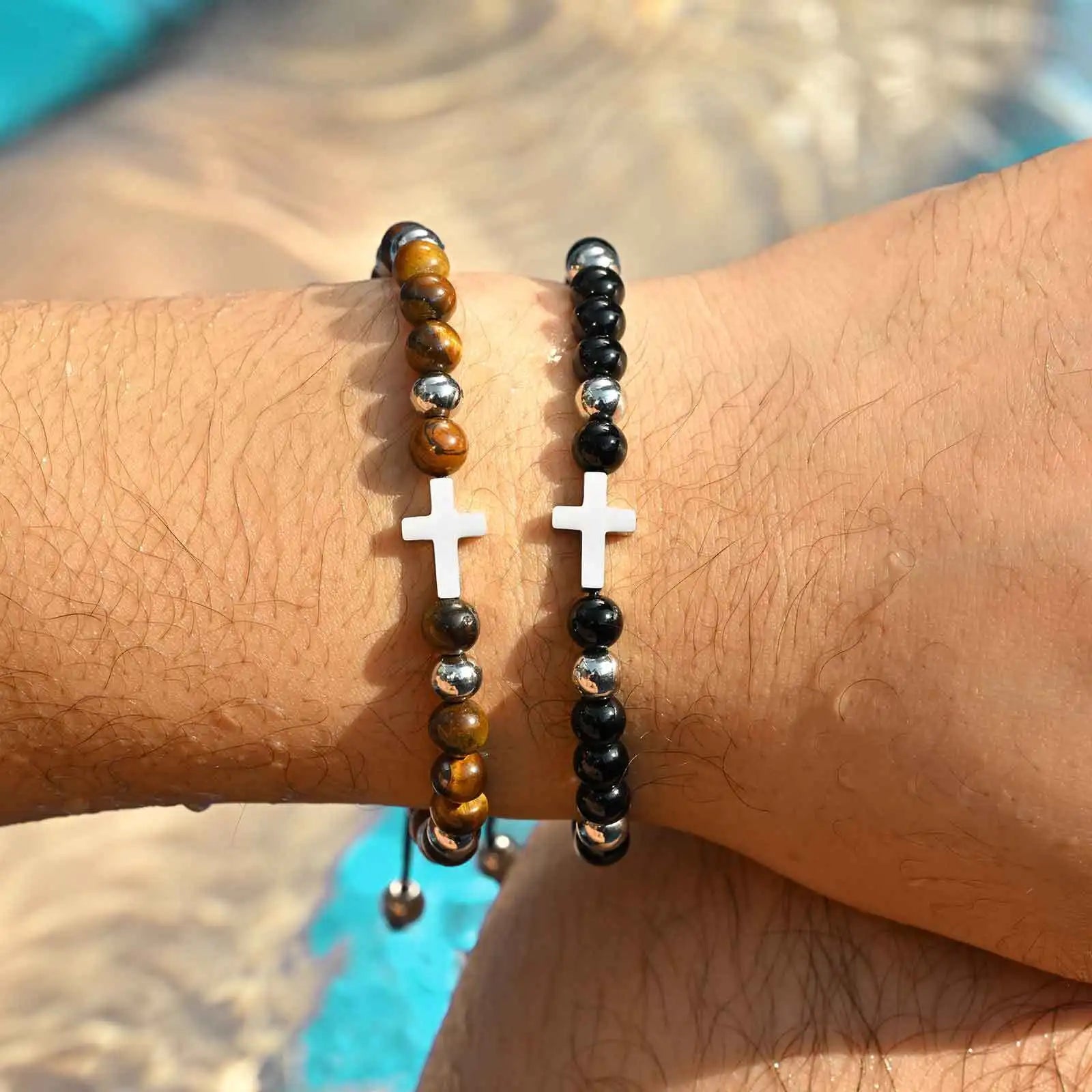 Vnox Stainless Steel Cross Virgin Mary Charm Tiger Eye Bead Adjustable Bracelet, Trendy Religious Prayer Jewelry for Men Women