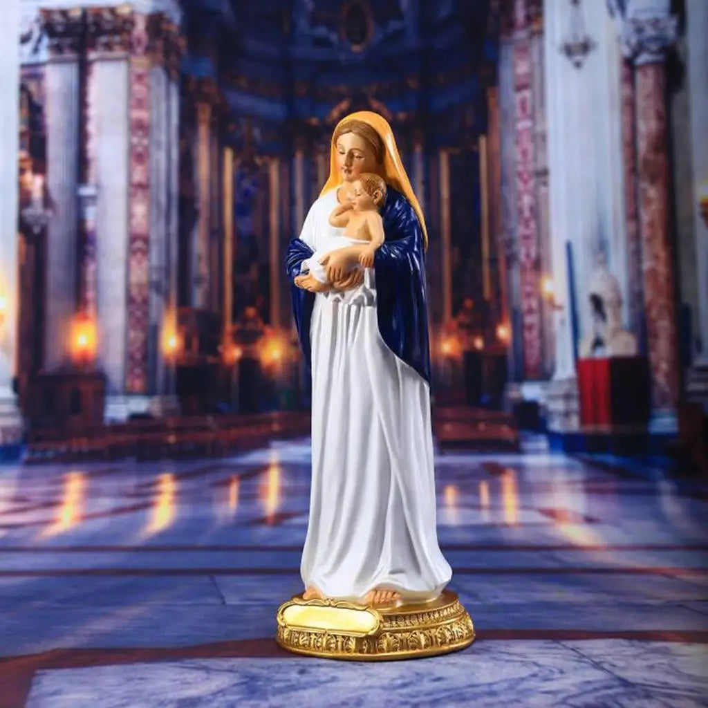 Religious Blessed Mary Holding Baby Statue Figurine Resin Sculpture Christian Ornament for Office Church Tabletop Home