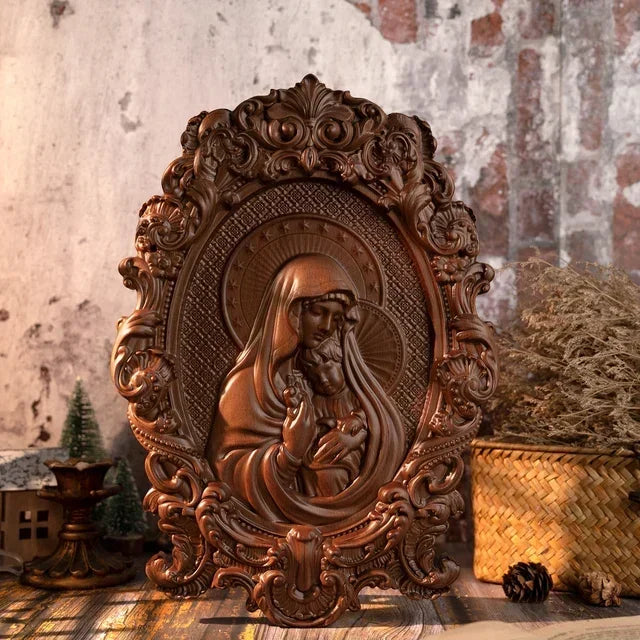 Vintage Virgin Mary and Baby Jesus Wood Carving, Catholic Religious Home Hanging Decoration