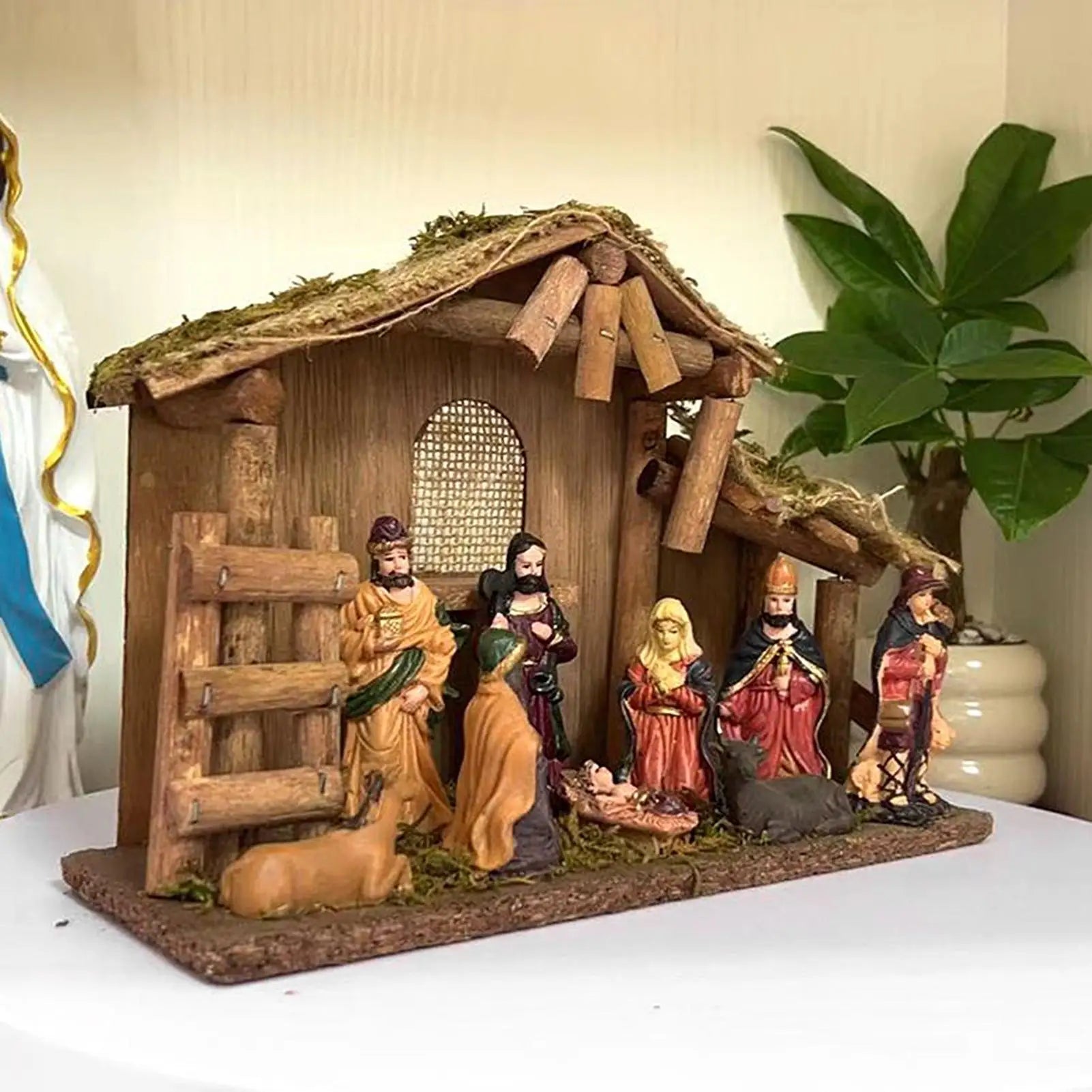 Nativity Scene Ornament Religious Nativity Figures Set Jesus Manger and House Figure Ornaments for Desk Women Table Windowsill