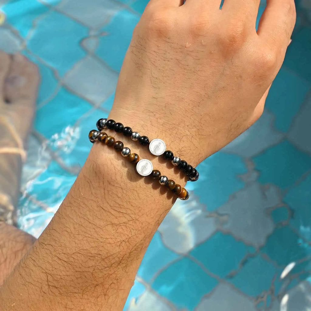 Vnox Stainless Steel Cross Virgin Mary Charm Tiger Eye Bead Adjustable Bracelet, Trendy Religious Prayer Jewelry for Men Women