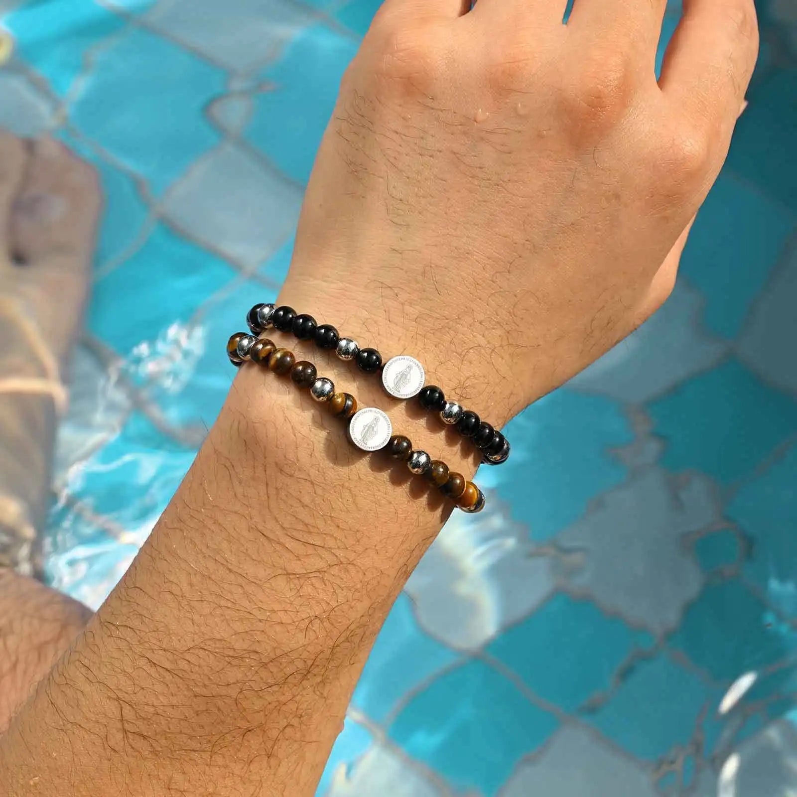 Vnox Stainless Steel Cross Virgin Mary Charm Tiger Eye Bead Adjustable Bracelet, Trendy Religious Prayer Jewelry for Men Women