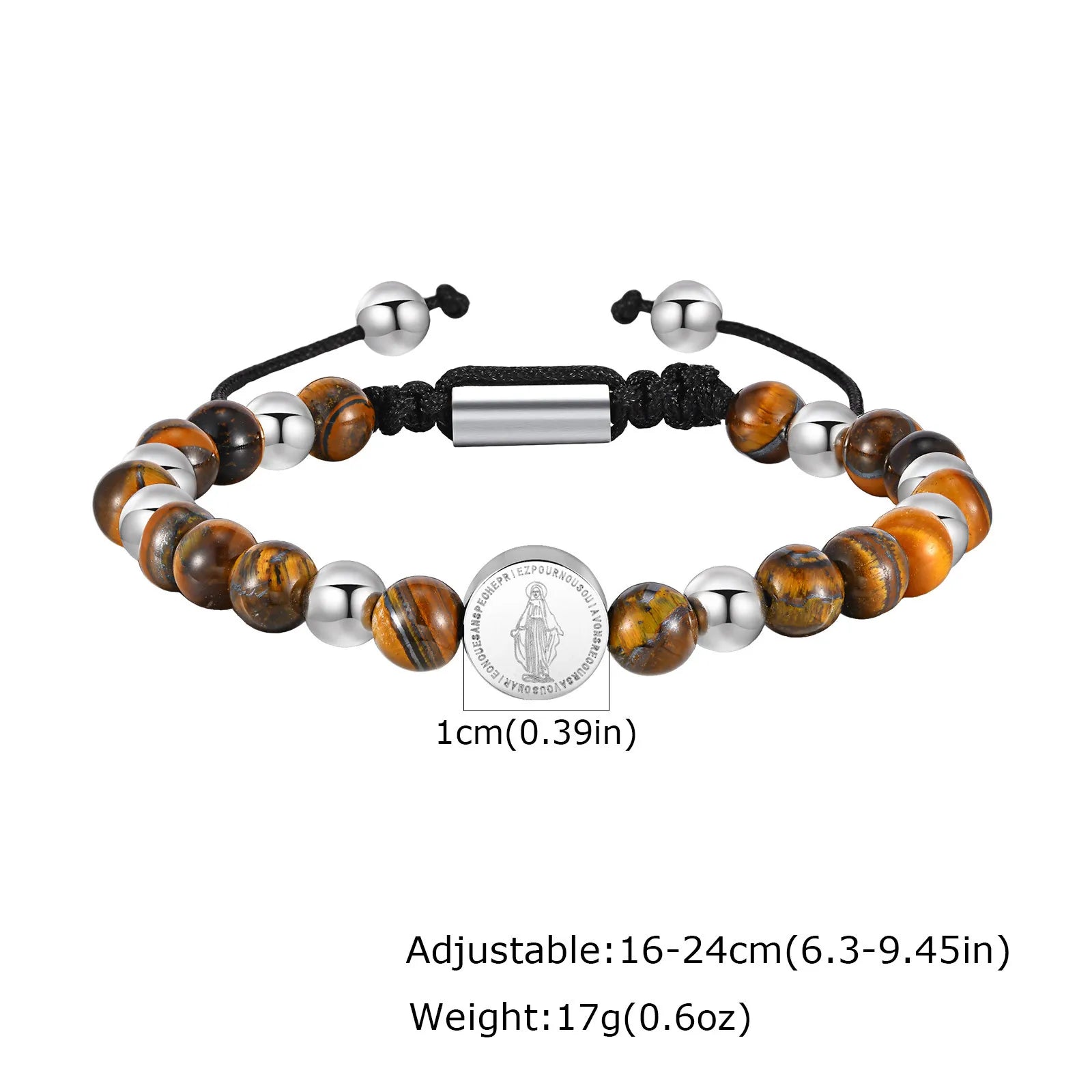 Vnox Stainless Steel Cross Virgin Mary Charm Tiger Eye Bead Adjustable Bracelet, Trendy Religious Prayer Jewelry for Men Women