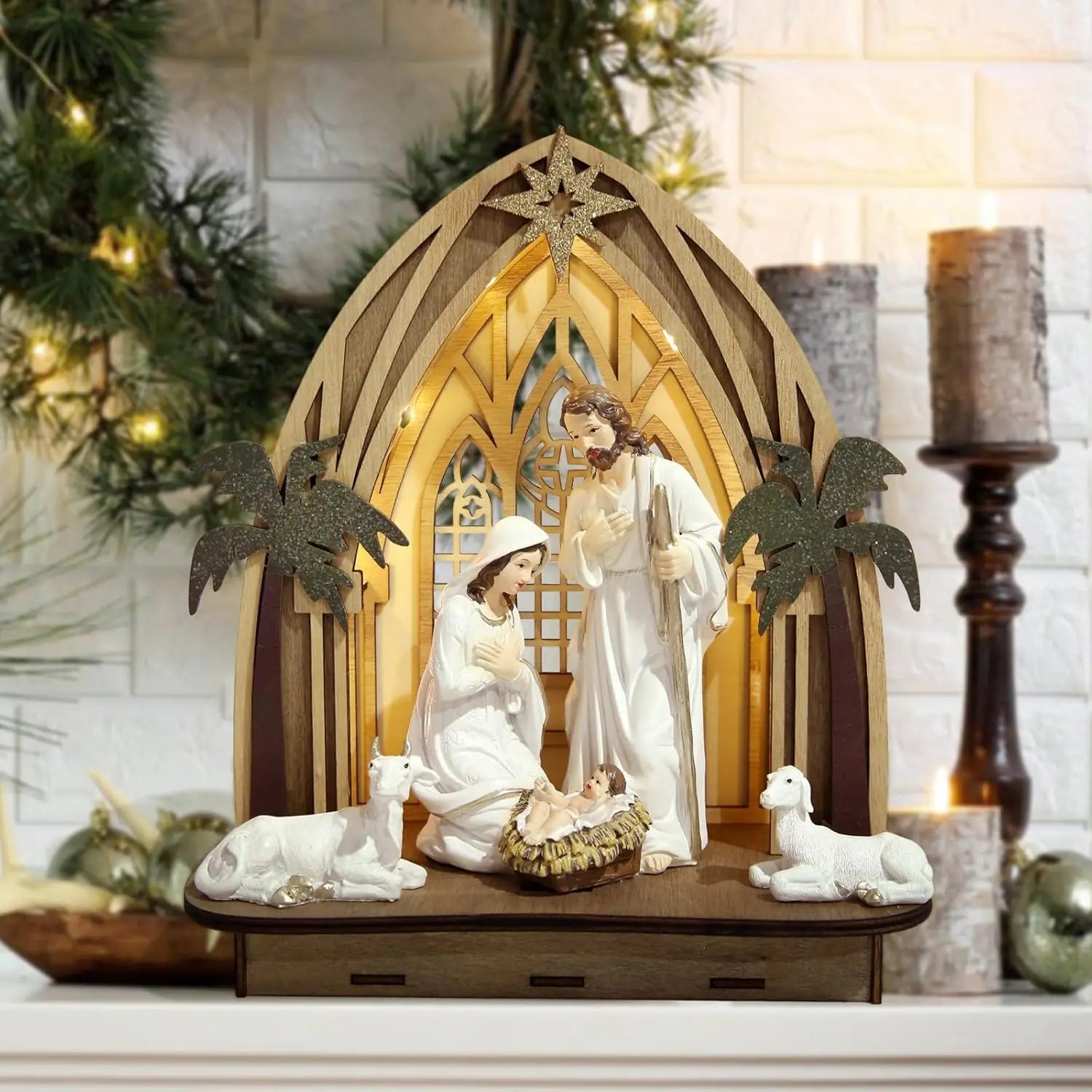 10“ Hight Nativity Set for Christmas Indoor Xmas Figurines Decorations with Light Holy Family Nativity Scene for Xmas Decor Gift