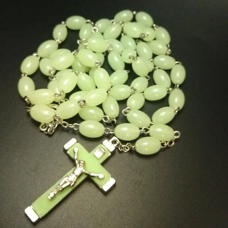 Luminous Christian Catholic Cross Rosary Necklace Glowing Light in Dark Beaded Rosary Necklaces for Men Women Christians