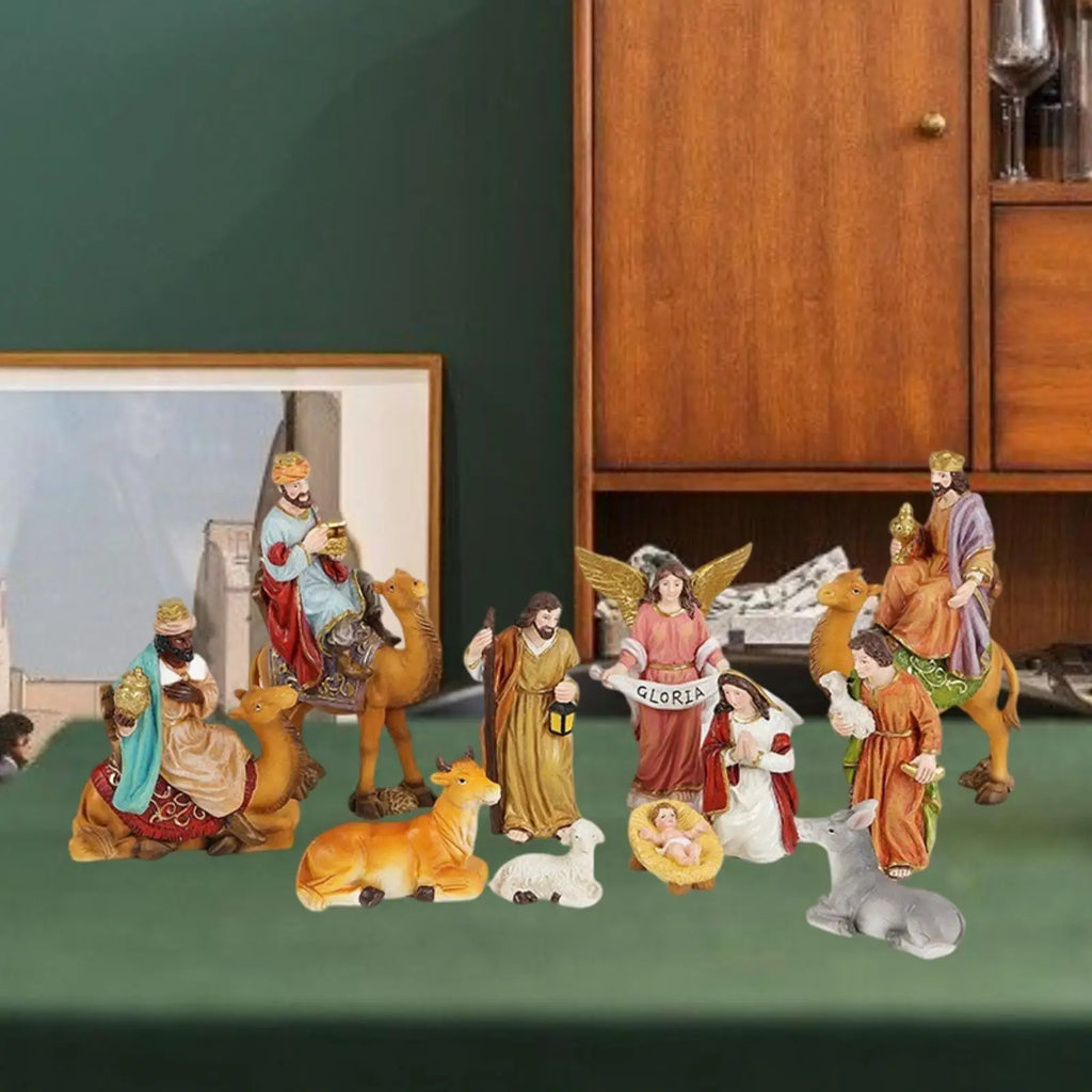 11Pcs Christmas Nativity Scene Collection Crafts Holy Family Nativity Figurine Resin Statue for Hallway Cabinet Living Room