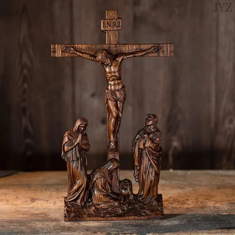 High Quality Vintage Solid Wood Crosses Cameo Crafts Jesus Desktop Decor Icon Holy Statues