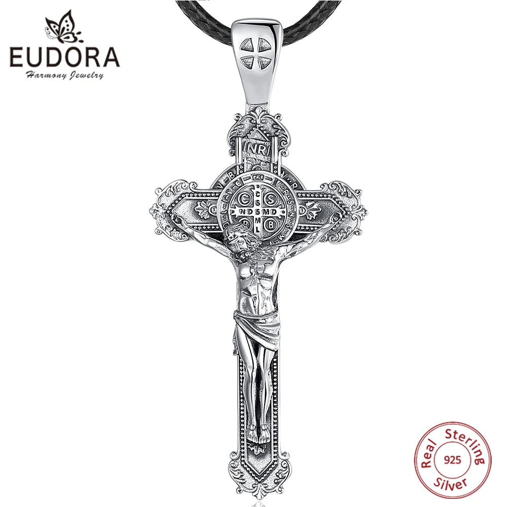 Eudora 925 Sterling Silver Saint Benedict Medal Necklace for Men Women san benedict crucifix cross Amulet Pendant Religious Gift