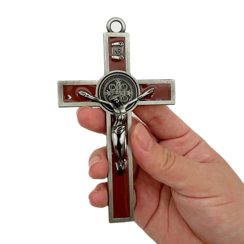 Easter Gift Crucifix Wall Cross-St. Benedict Metal Wall Art-5.0 InchX2.7 Inch Black White Brown Enamel Give Blessing Rosary Gift