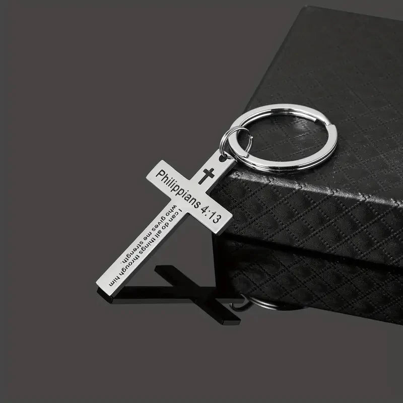 Christian Bible Verse Cross Pendant Keychain Stainless Steel Religious Psalm Prayer Key Chain Keyring Gifts