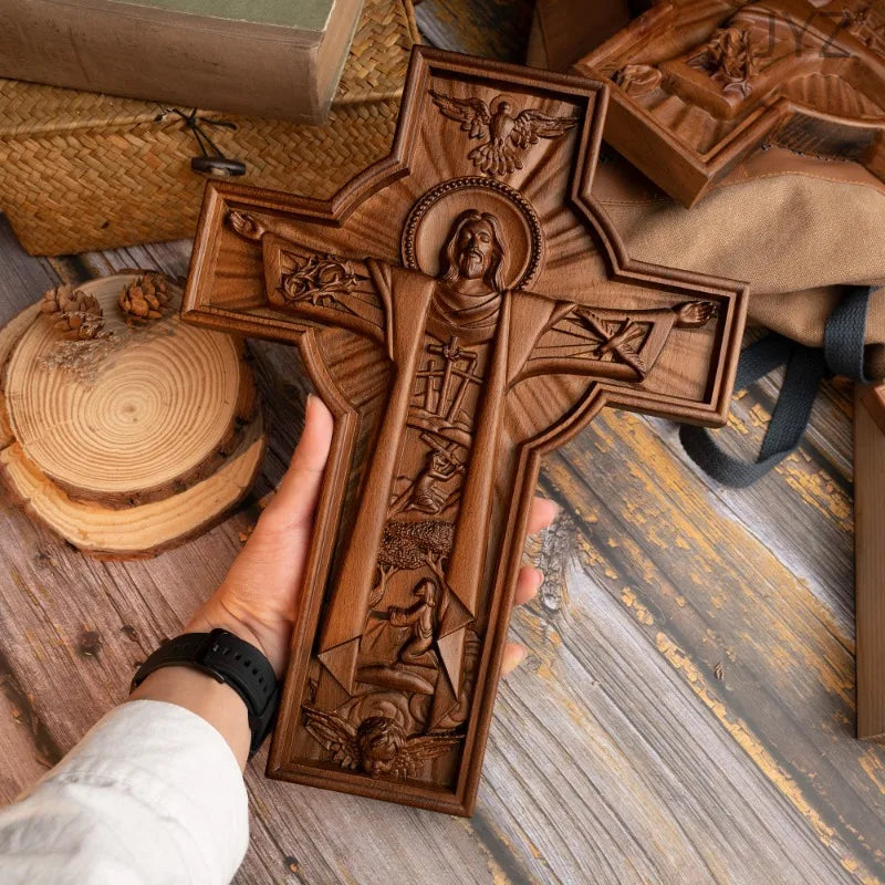 Christian Wooden Easter Catholic Cross Jesus Statue Interior Wall Decoration, Religious Baptismal Gift