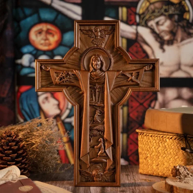 Vintage Wooden Easter Catholic Cross Jesus Statue, Interior Religious Wall Decor Baptismal Gift