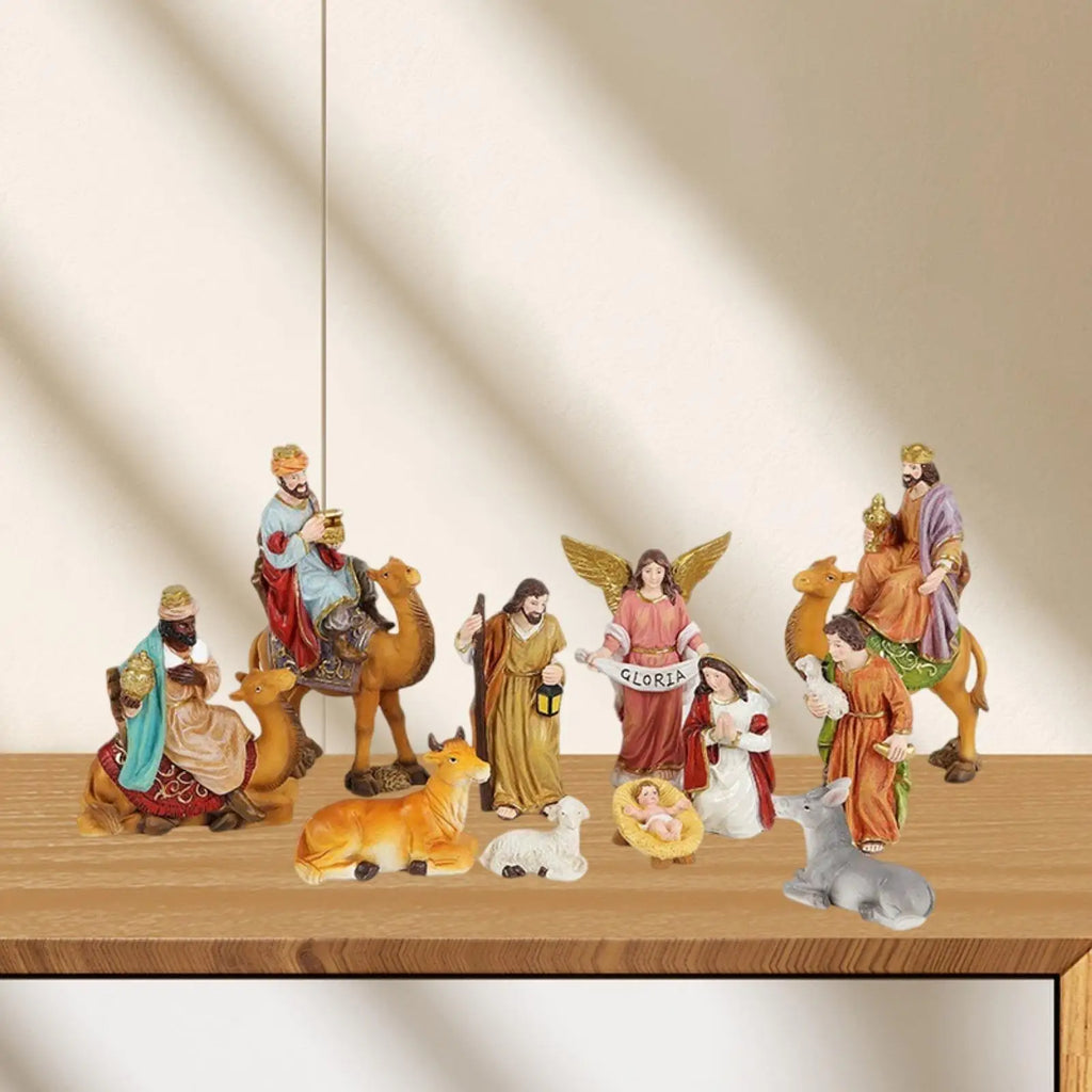 11Pcs Christmas Nativity Scene Collection Crafts Holy Family Nativity Figurine Resin Statue for Hallway Cabinet Living Room