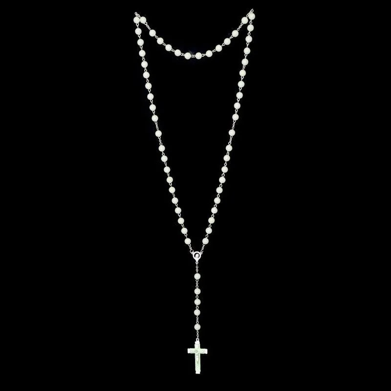 Luminous Christian Catholic Cross Rosary Necklace Glowing Light in Dark Beaded Rosary Necklaces for Men Women Christians