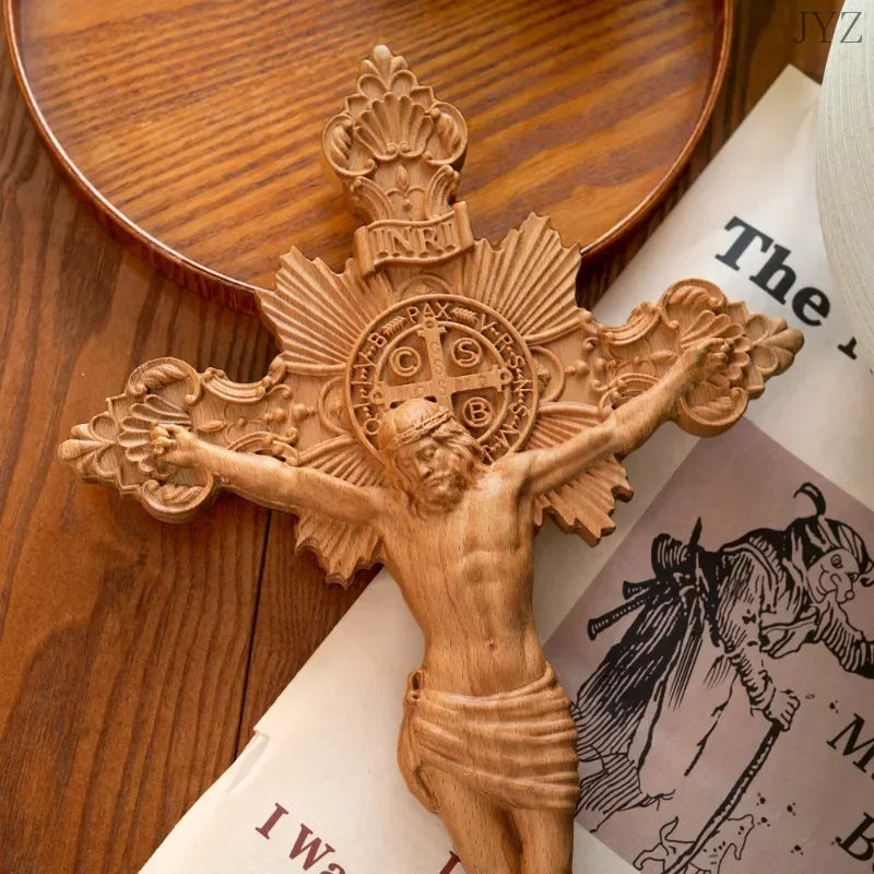 High Quality Religious St. Benedict's Exorcism Cross Wood Carving Catholic Prayer Home Decor