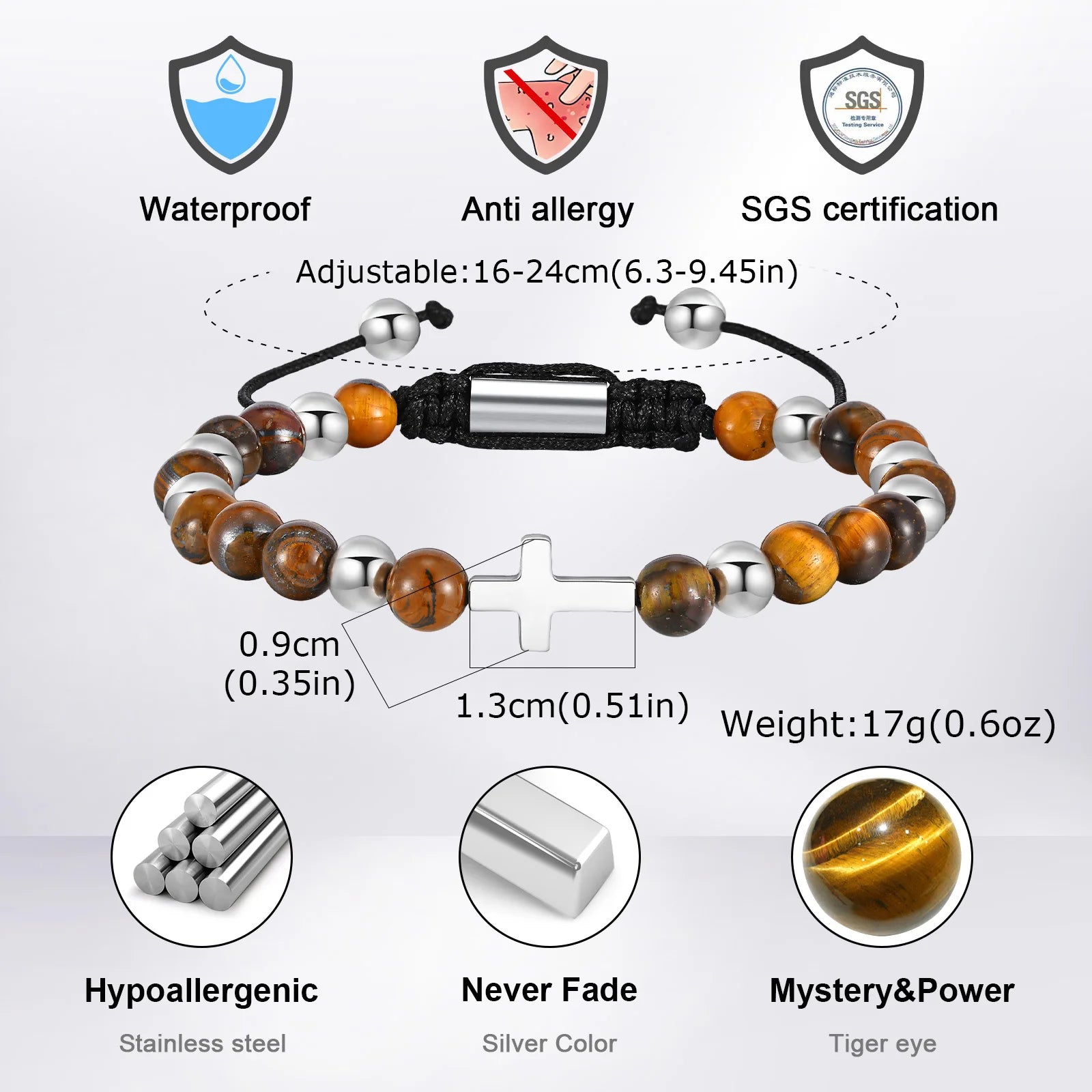 Vnox Stainless Steel Cross Virgin Mary Charm Tiger Eye Bead Adjustable Bracelet, Trendy Religious Prayer Jewelry for Men Women