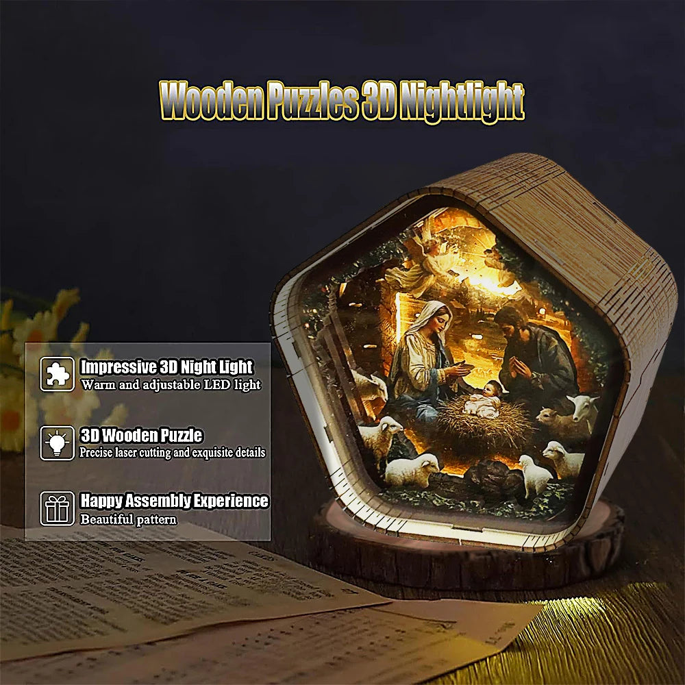 DIY 3D Wooden Nativity Scene Book Nook Kit with LED Light - Christmas Bookshelf Insert, Religious Home Decor