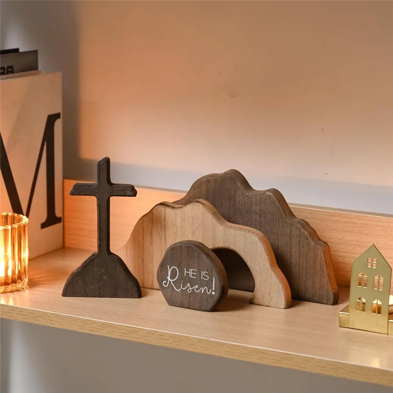 TFORU-Empty Tomb Easter Scene And Cross Decoration Wood Easter Resurrection Scene Jesus Nativity Scene Decor Tabletop Decoration