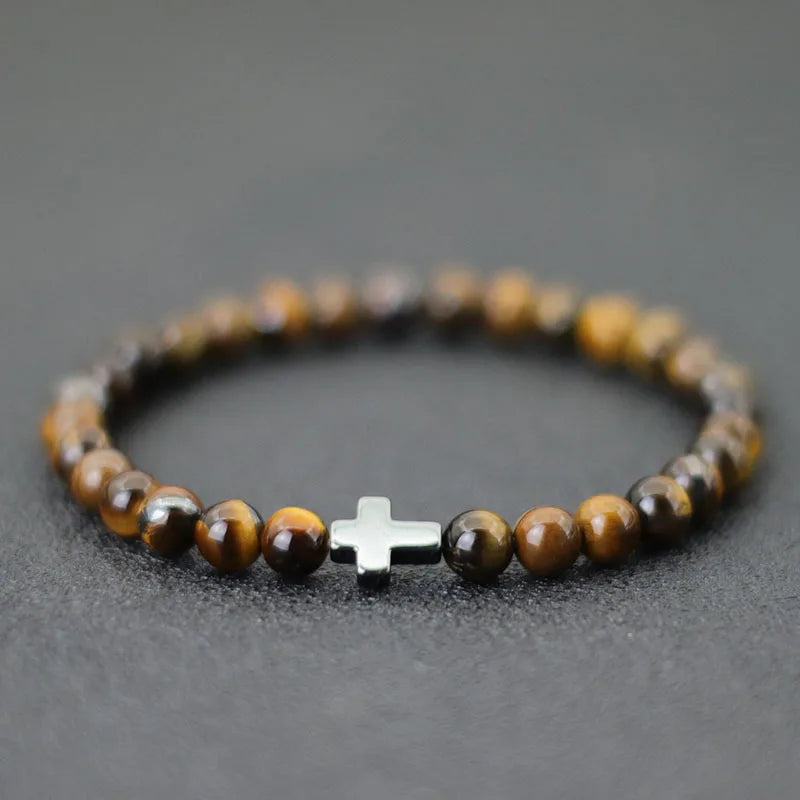 Minimalist Mens Cross Bracelet 6mm Natural Tiger Eyes Stone Braclet Gift For Him Camping Accessories Bileklik Erkek Pulseira