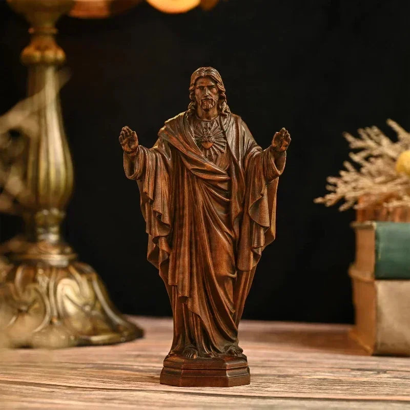 Vintage Solid Wood Carving Handcrafts Jesus Sacred Statue Ornaments Office Decor Figurines