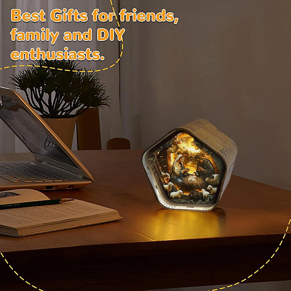 DIY 3D Wooden Nativity Scene Book Nook Kit with LED Light - Christmas Bookshelf Insert, Religious Home Decor