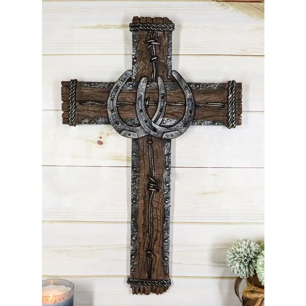 19" High Rustic Western 2 Lucky Horseshoes Wall Cross Decor Plaque With Vintage Barbed Wire And Braided Rope Design Sculpture