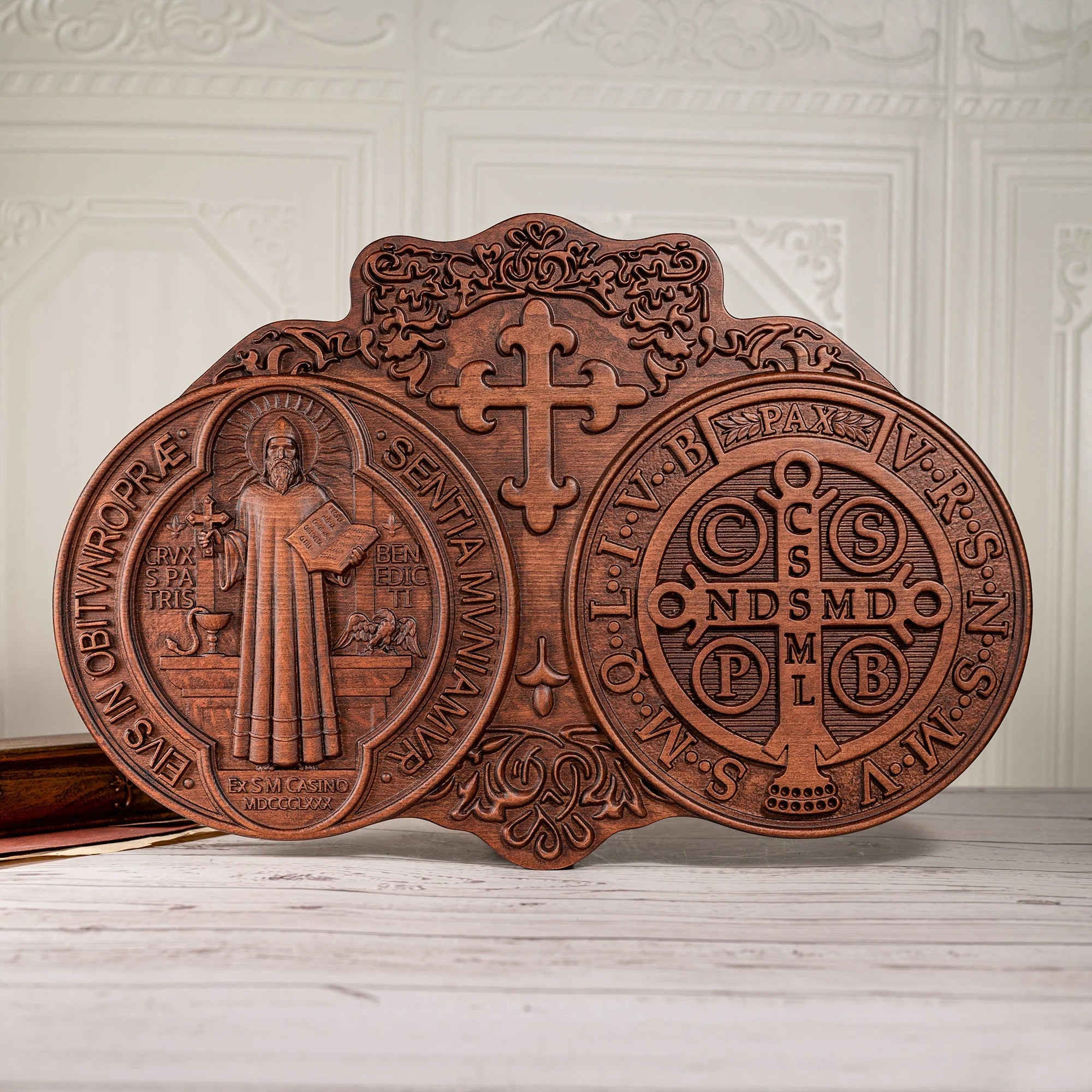 saint benedict medal , exorcism plaque, catholic icon, church, religious object, baptism, wood carving wall decoration