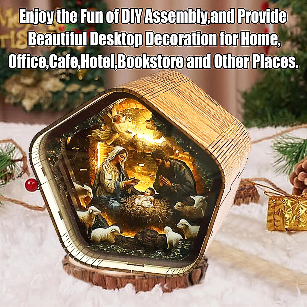 DIY 3D Wooden Nativity Scene Book Nook Kit with LED Light - Christmas Bookshelf Insert, Religious Home Decor