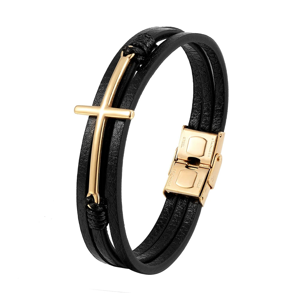 New Prayer Style Multi Layer Design Stainless Steel Cross Bracelet Leather Bracelet Women Classic Christmas Men Fashion Gift