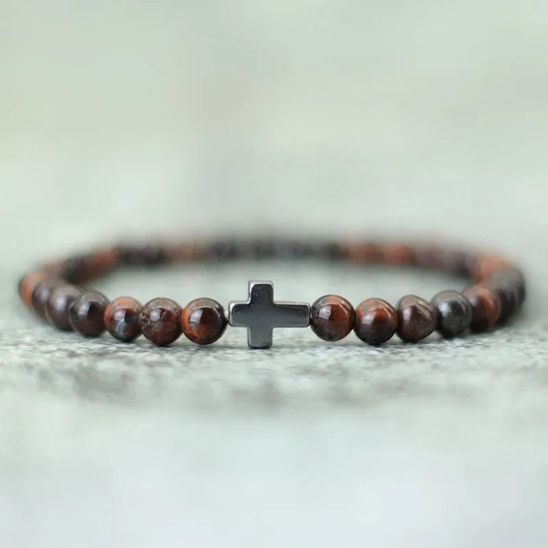 Minimalist Mens Cross Bracelet 6mm Natural Tiger Eyes Stone Braclet Gift For Him Camping Accessories Bileklik Erkek Pulseira