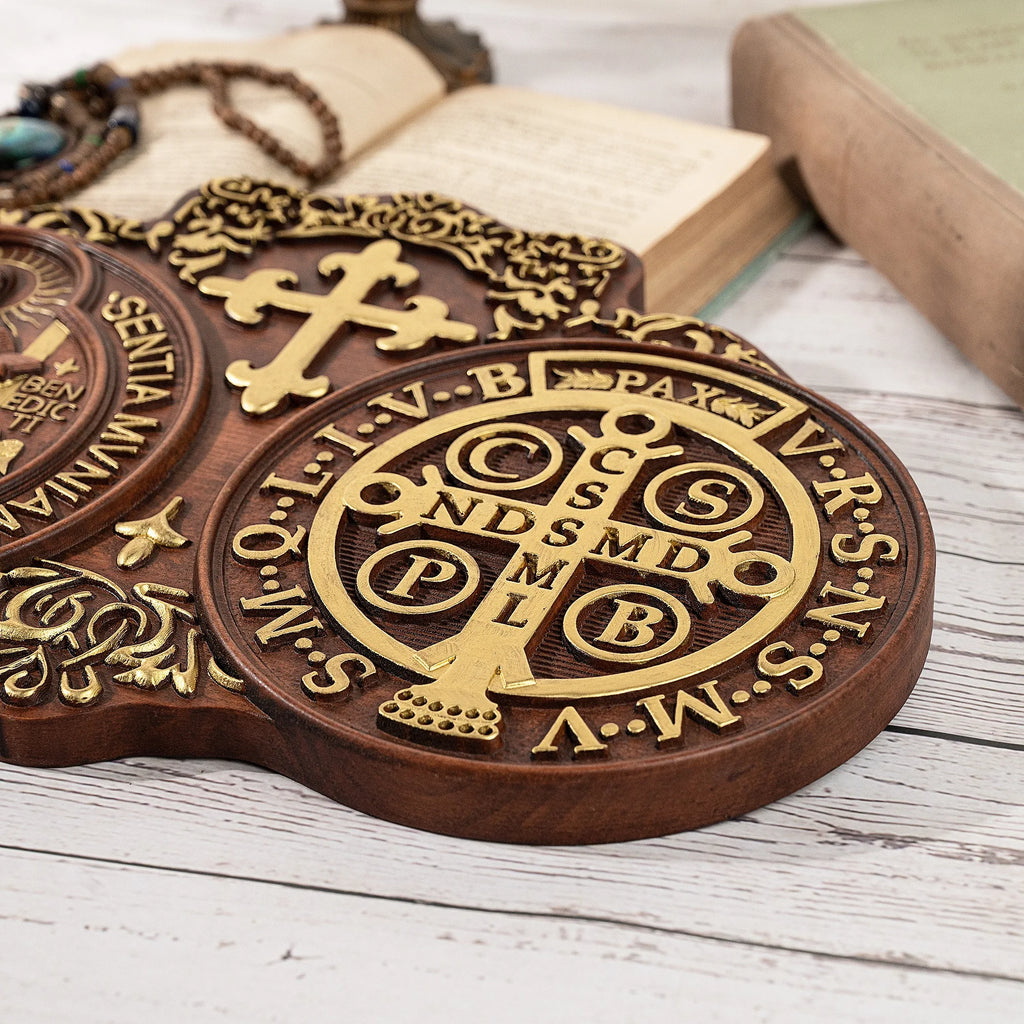saint benedict medal , exorcism plaque, catholic icon, church, religious object, baptism, wood carving wall decoration