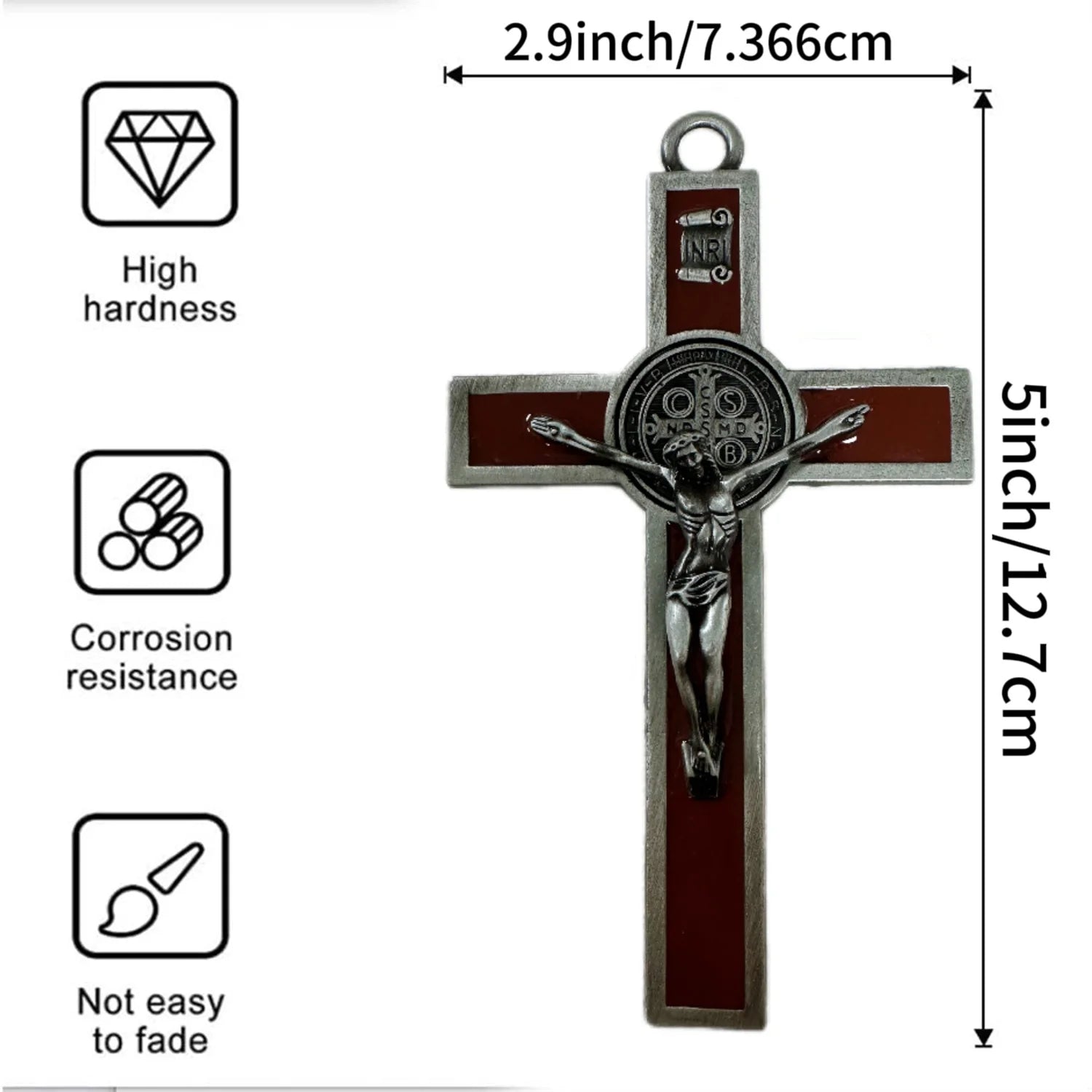 Easter Gift Crucifix Wall Cross-St. Benedict Metal Wall Art-5.0 InchX2.7 Inch Black White Brown Enamel Give Blessing Rosary Gift